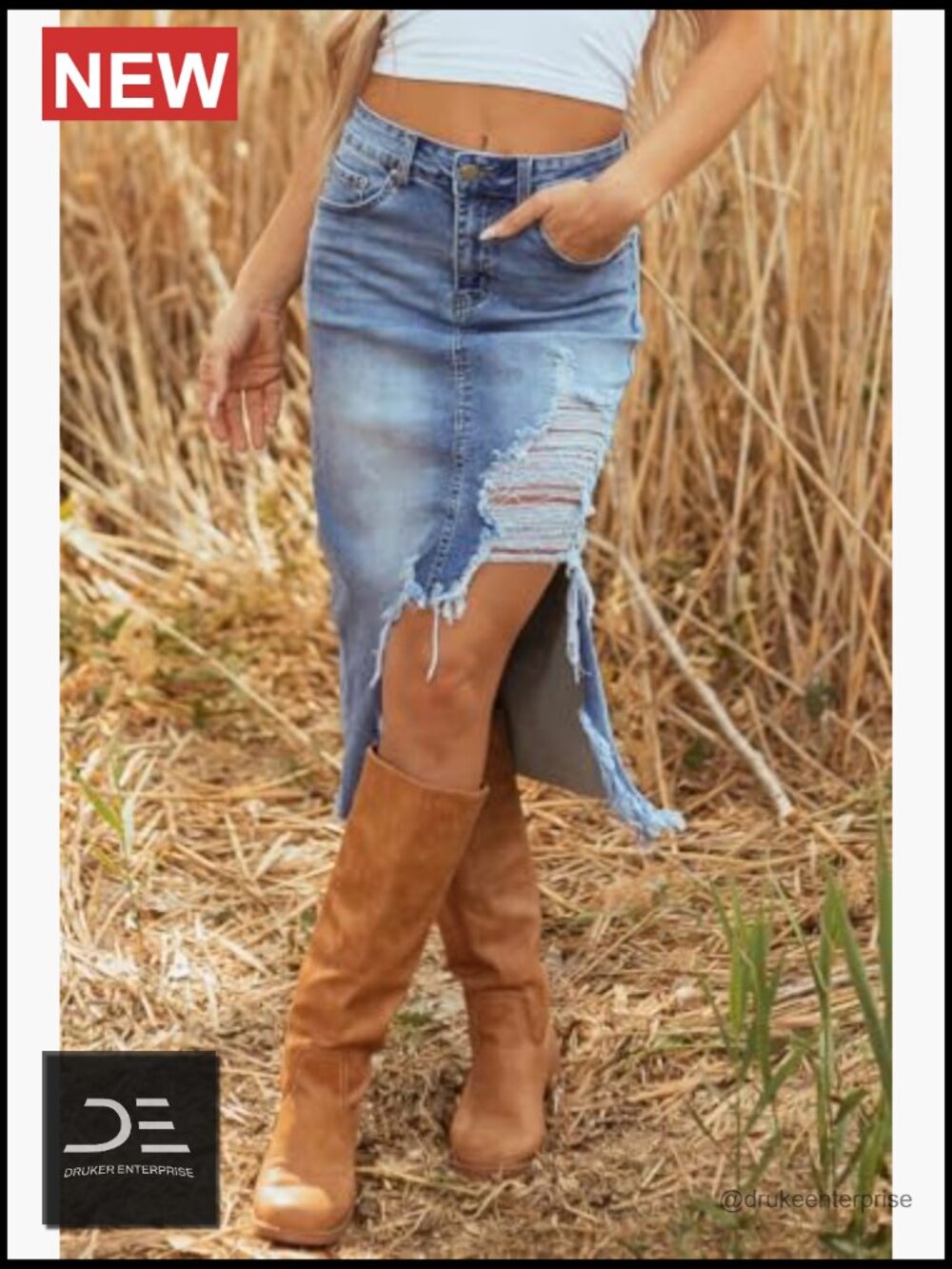 Preppy Ripped Slit Denim Skirt Frayed Raw Hem Asymmetrical Midi Western Jean - Picture 3 of 5